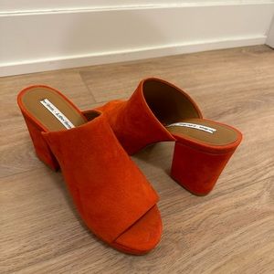 Orange red suede mules